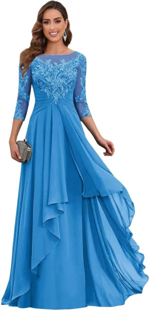 Women's Short Sleeve Mother of The Bride Dresses for Wedding Long Chiffon A Line Ruffles Formal Party Evening Gowns