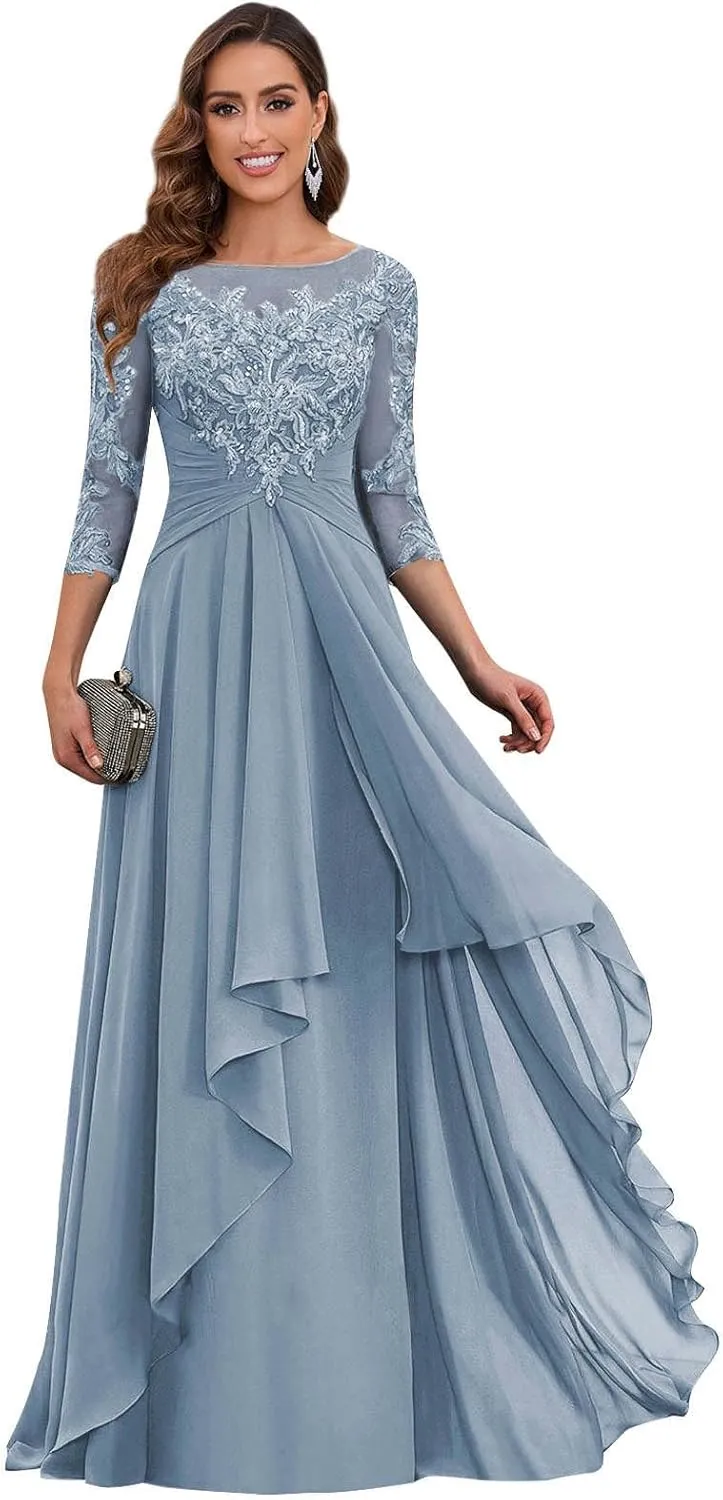 Women's Short Sleeve Mother of The Bride Dresses for Wedding Long Chiffon A Line Ruffles Formal Party Evening Gowns