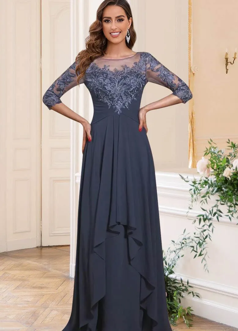 Women's Short Sleeve Mother of The Bride Dresses for Wedding Long Chiffon A Line Ruffles Formal Party Evening Gowns