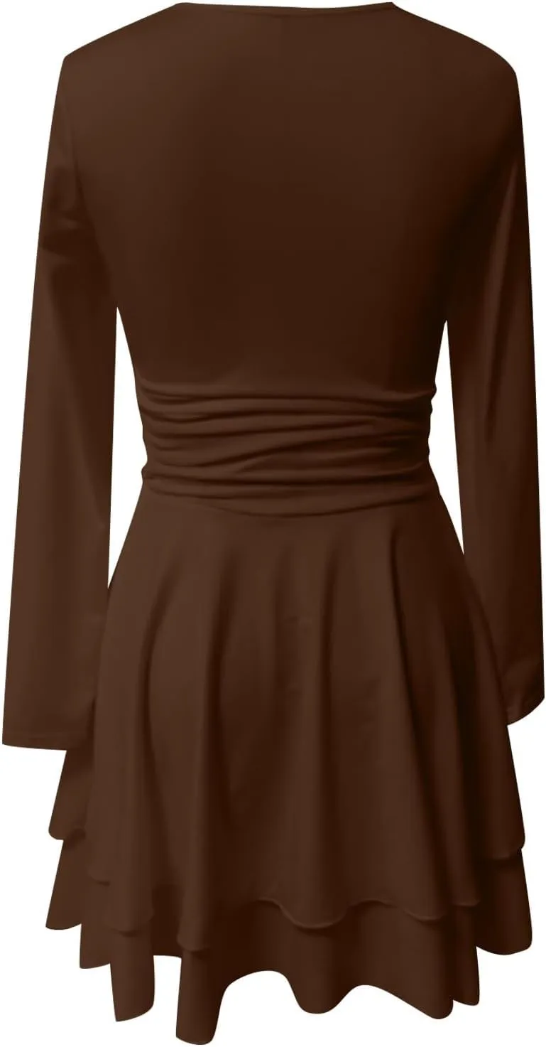 Women's Square Neck Ruffle Hem Mini Dress Long Sleeve Ruched Waist Corset Short Party Dresses Cocktail Short Dress