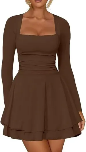 Women's Square Neck Ruffle Hem Mini Dress Long Sleeve Ruched Waist Corset Short Party Dresses Cocktail Short Dress