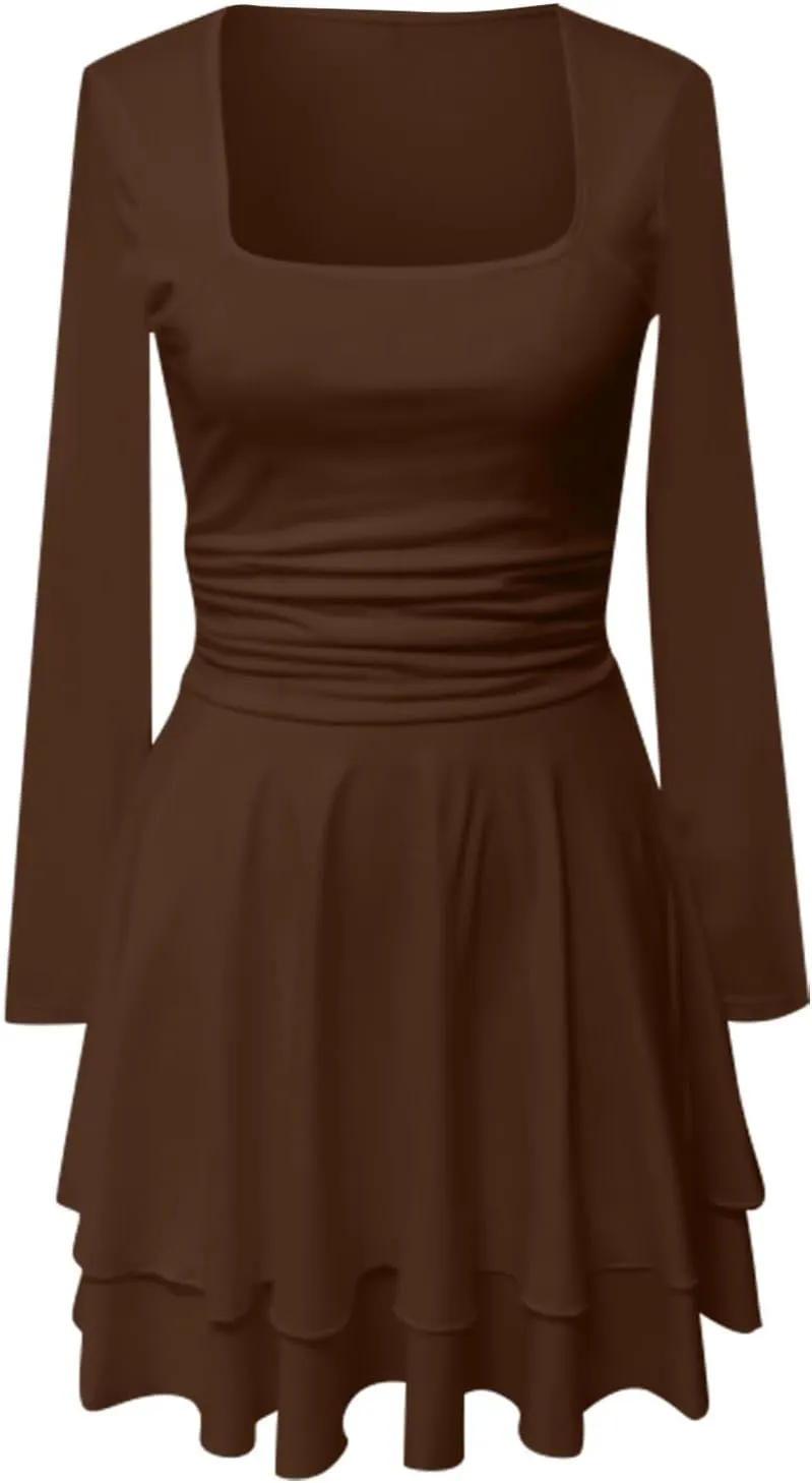 Women's Square Neck Ruffle Hem Mini Dress Long Sleeve Ruched Waist Corset Short Party Dresses Cocktail Short Dress