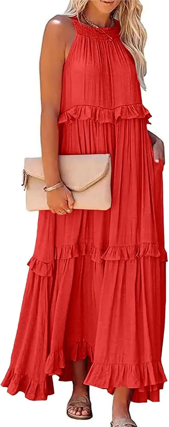 Womens Summer Dresses 2024, Swing Beach Maxi Dress Casual Boho Off Shoulder Sleeveless Loose Flowy Trendy Sundress