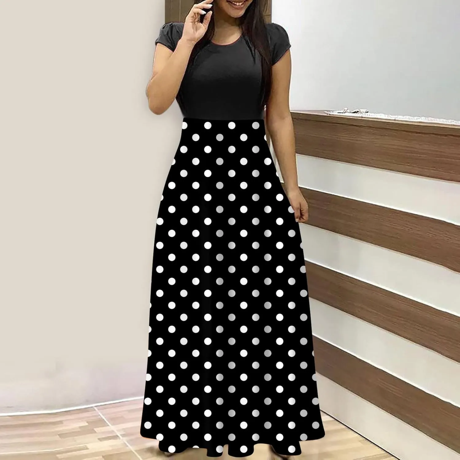 Women's Summer Dresses 2025 Trendy Solid Color Polka Dot Print Round Neck Short Sleeve Maxi Dress, S-3XL