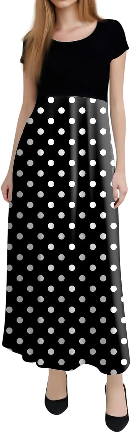 Women's Summer Dresses 2025 Trendy Solid Color Polka Dot Print Round Neck Short Sleeve Maxi Dress, S-3XL