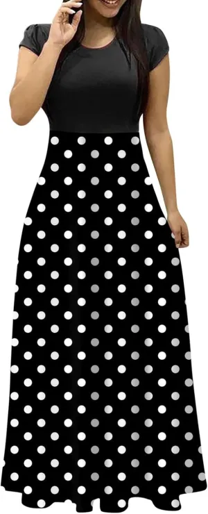 Women's Summer Dresses 2025 Trendy Solid Color Polka Dot Print Round Neck Short Sleeve Maxi Dress, S-3XL