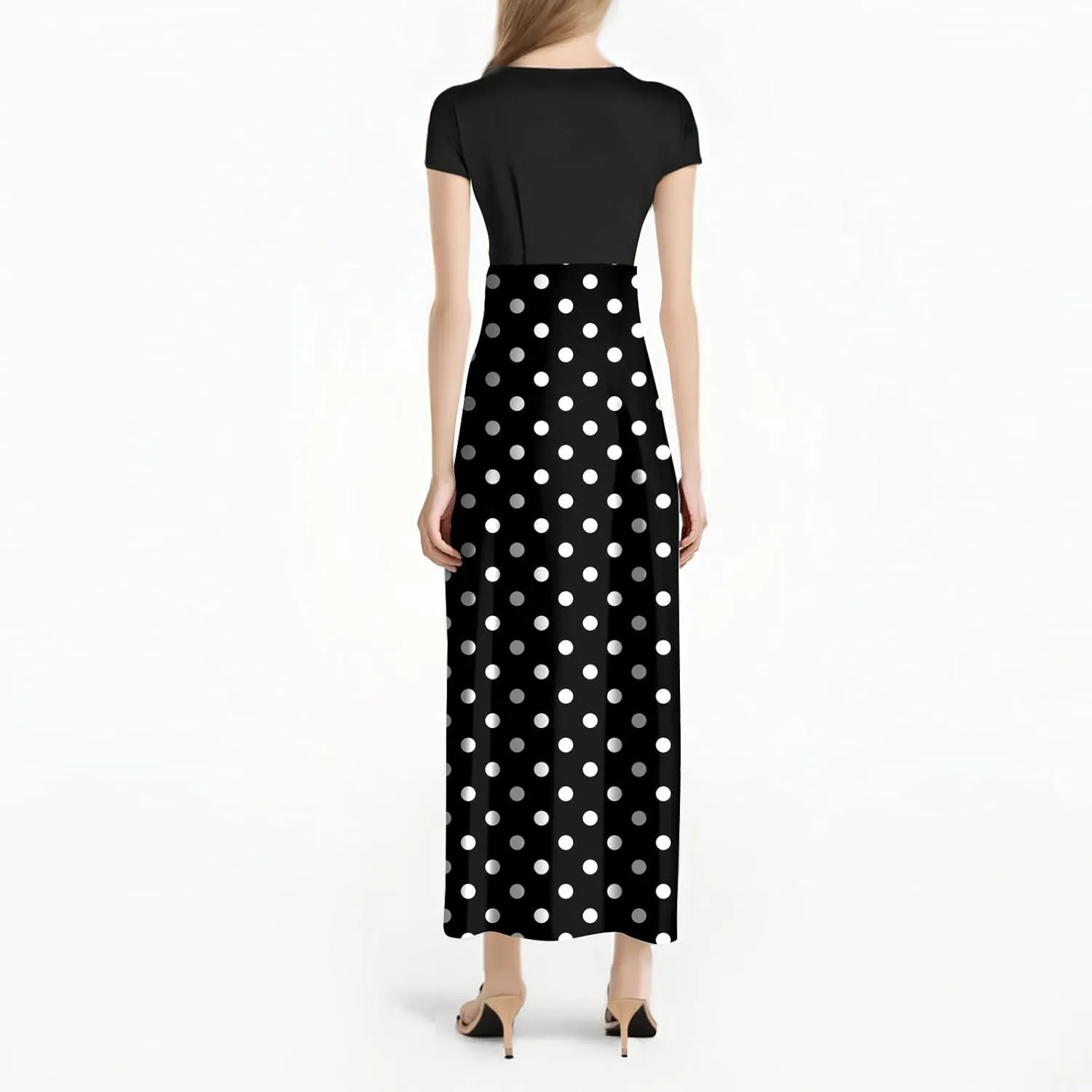 Women's Summer Dresses 2025 Trendy Solid Color Polka Dot Print Round Neck Short Sleeve Maxi Dress, S-3XL