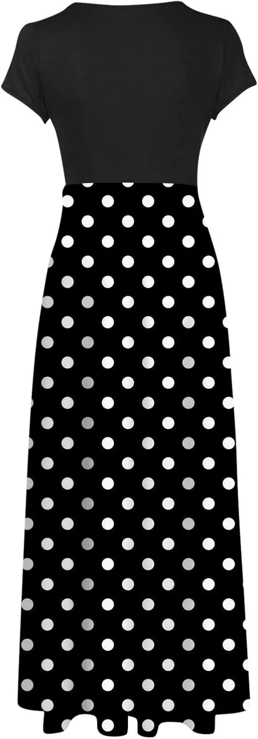 Women's Summer Dresses 2025 Trendy Solid Color Polka Dot Print Round Neck Short Sleeve Maxi Dress, S-3XL