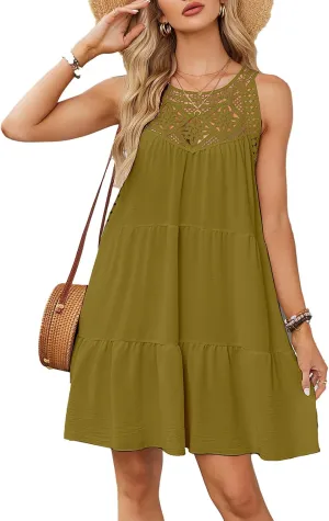 Women's Summer Halter Hollow Out Sleeveless Mini Dress Casual Ruffle Tiered A Line Sundresses Beach Vacation Dresses