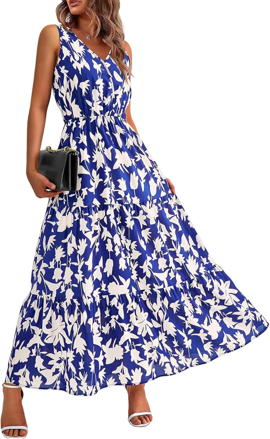 Womens Summer Maxi Dress Casual Flowy Sleeveless Sundress Boho Floral V Neck Long Dresses Beach Long Dress