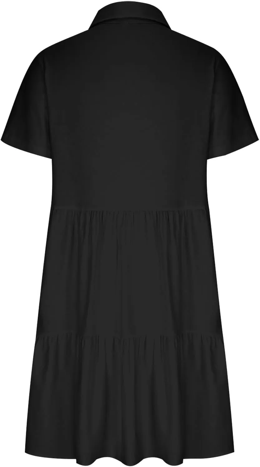 Womens Summer Shirt Dress Lapel Button Front V Neck Swing Dress Short Sleeve Boho Ruffle Baggy Mini Dresses Plus Size