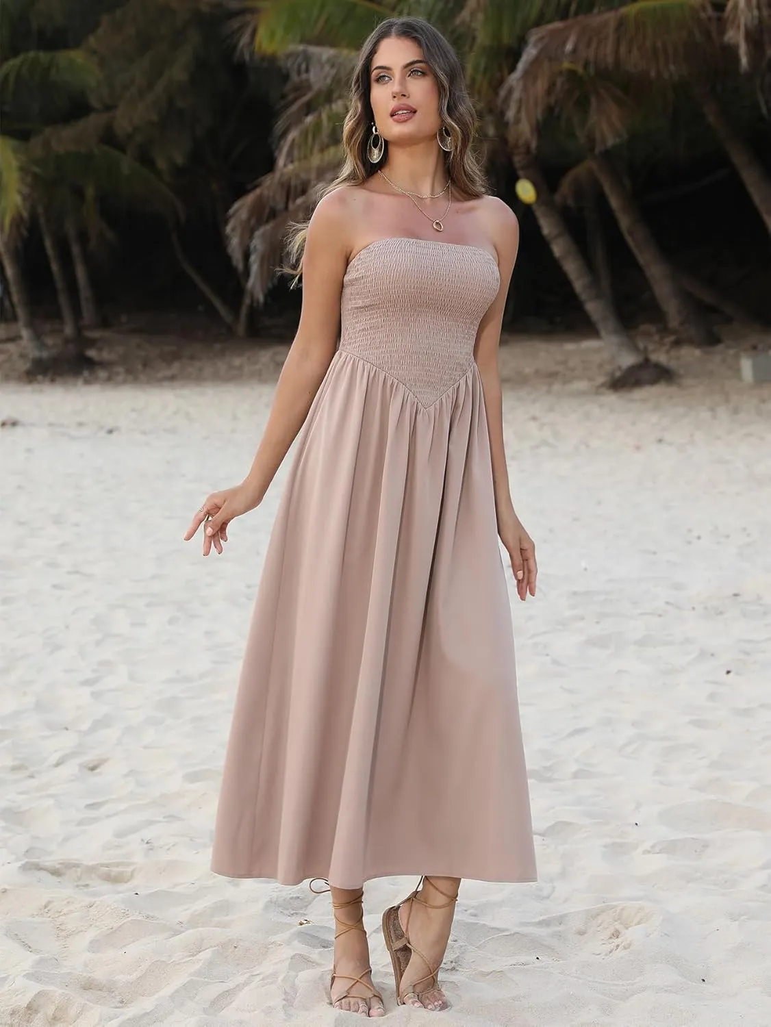 Women's Summer Strapless Midi Sundress Tube Off Shoulder Ruffle Flowy A Line Long Beach Vacation Dresses