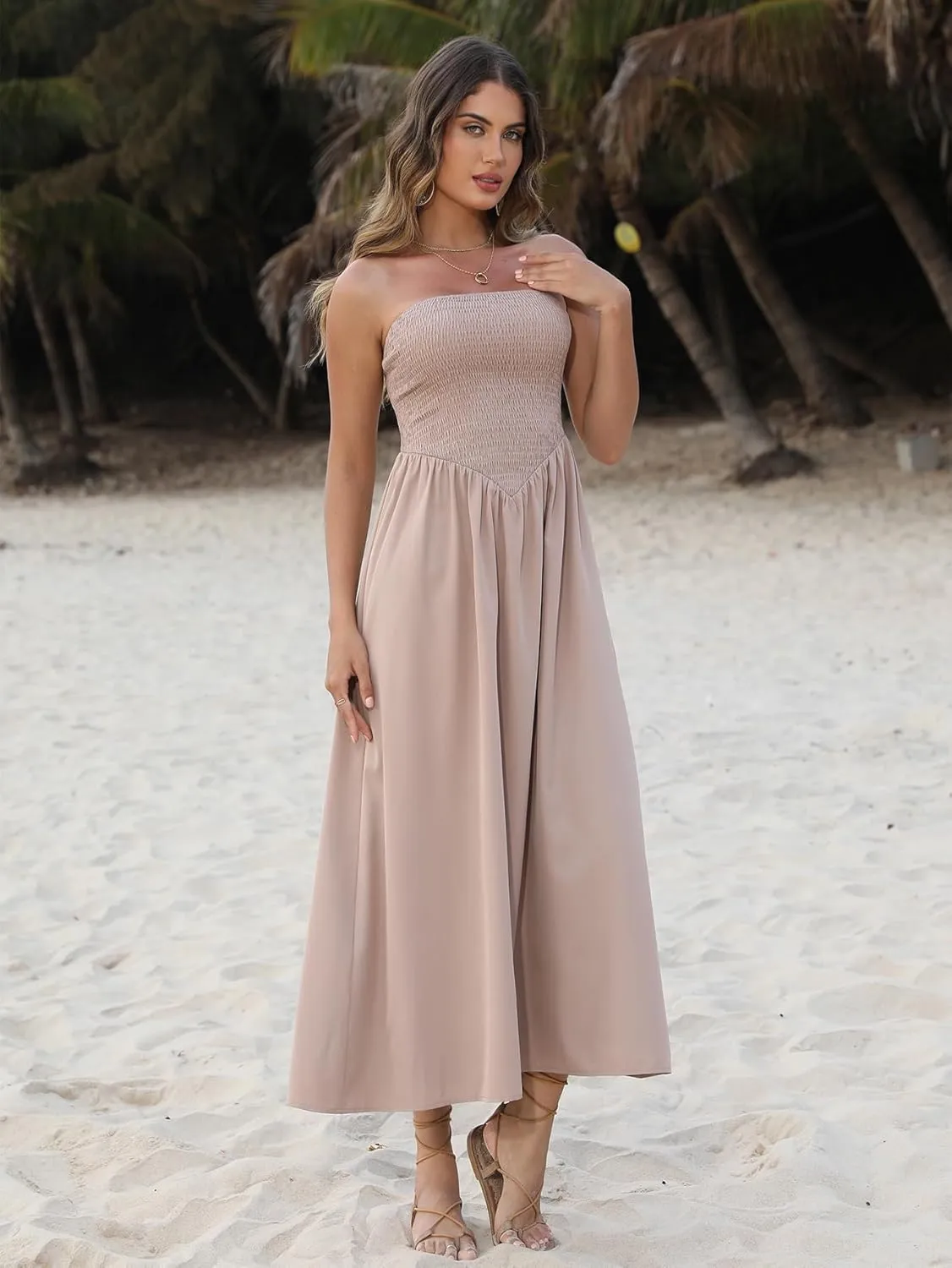Women's Summer Strapless Midi Sundress Tube Off Shoulder Ruffle Flowy A Line Long Beach Vacation Dresses