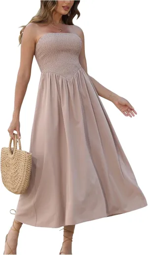 Women's Summer Strapless Midi Sundress Tube Off Shoulder Ruffle Flowy A Line Long Beach Vacation Dresses