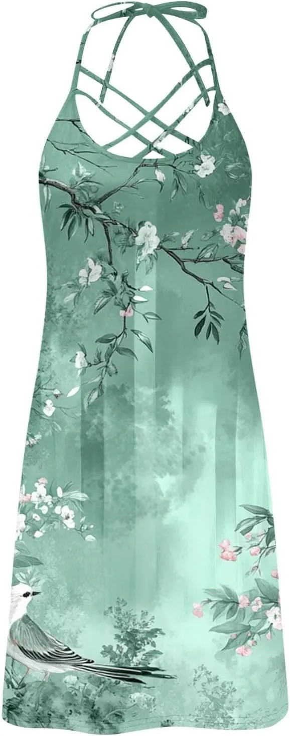 Womens Summer Sun Dress Halterneck Hollow Out Sleeveless Dress Floral Print Beach Boho Short Mini Sundresses