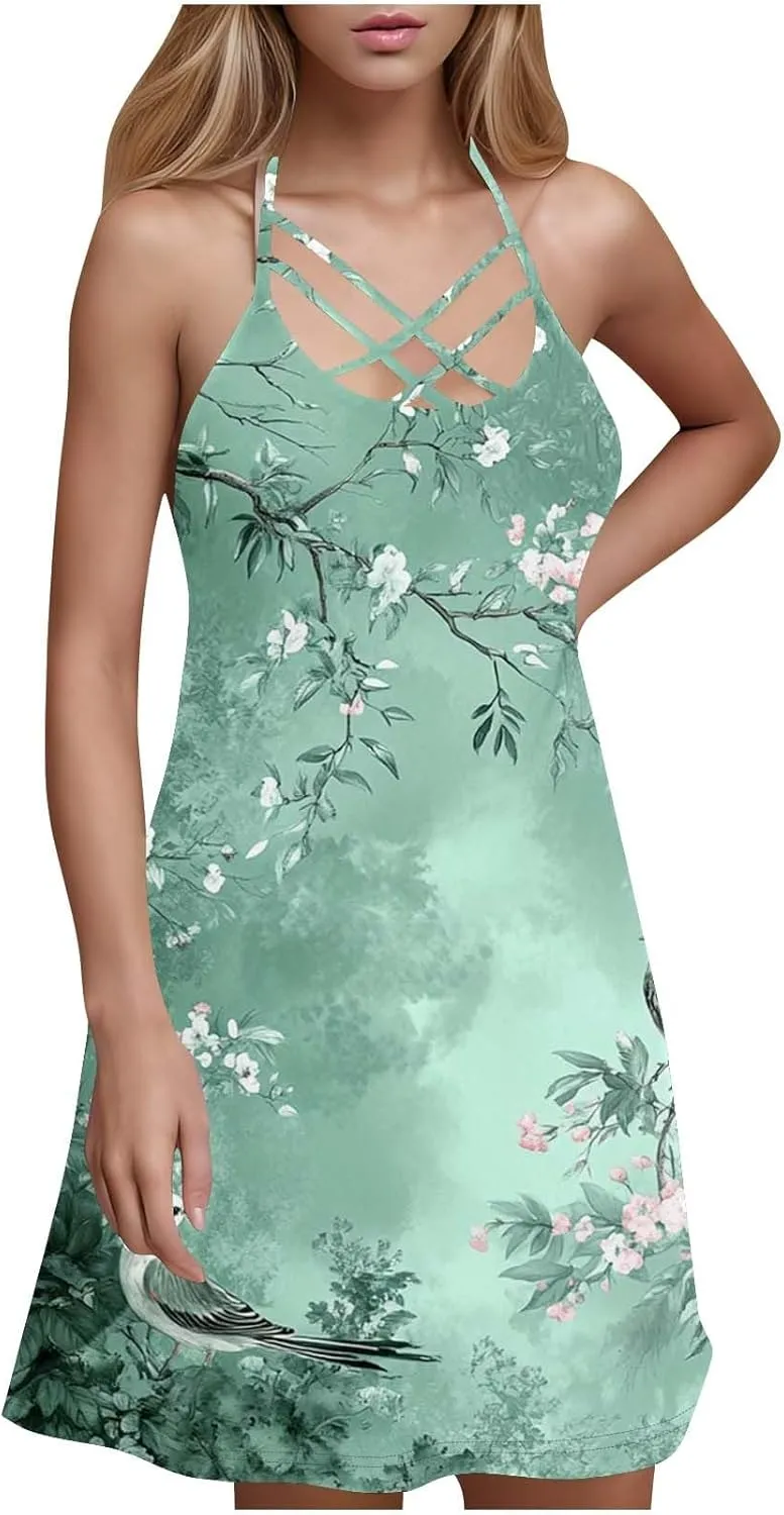 Womens Summer Sun Dress Halterneck Hollow Out Sleeveless Dress Floral Print Beach Boho Short Mini Sundresses