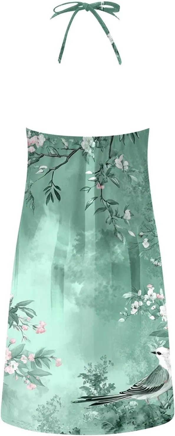 Womens Summer Sun Dress Halterneck Hollow Out Sleeveless Dress Floral Print Beach Boho Short Mini Sundresses