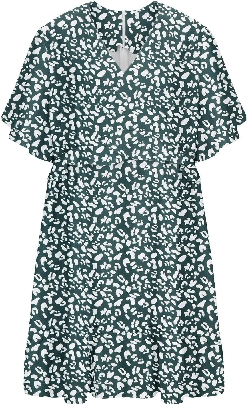 Women's Summer Wrap V Neck Polka Dot Print Ruffle Short Sleeve Mini Floral Dress with Tennis Dresses for Women