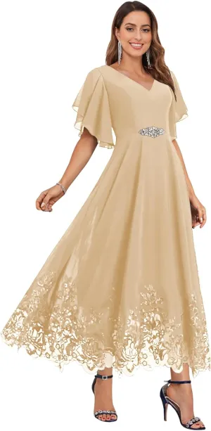 Women's Tea Length Chiffon Mother of The Bride Dresses for Wedding V-Neck Formal Evening Dress with Ruffle Sleeves