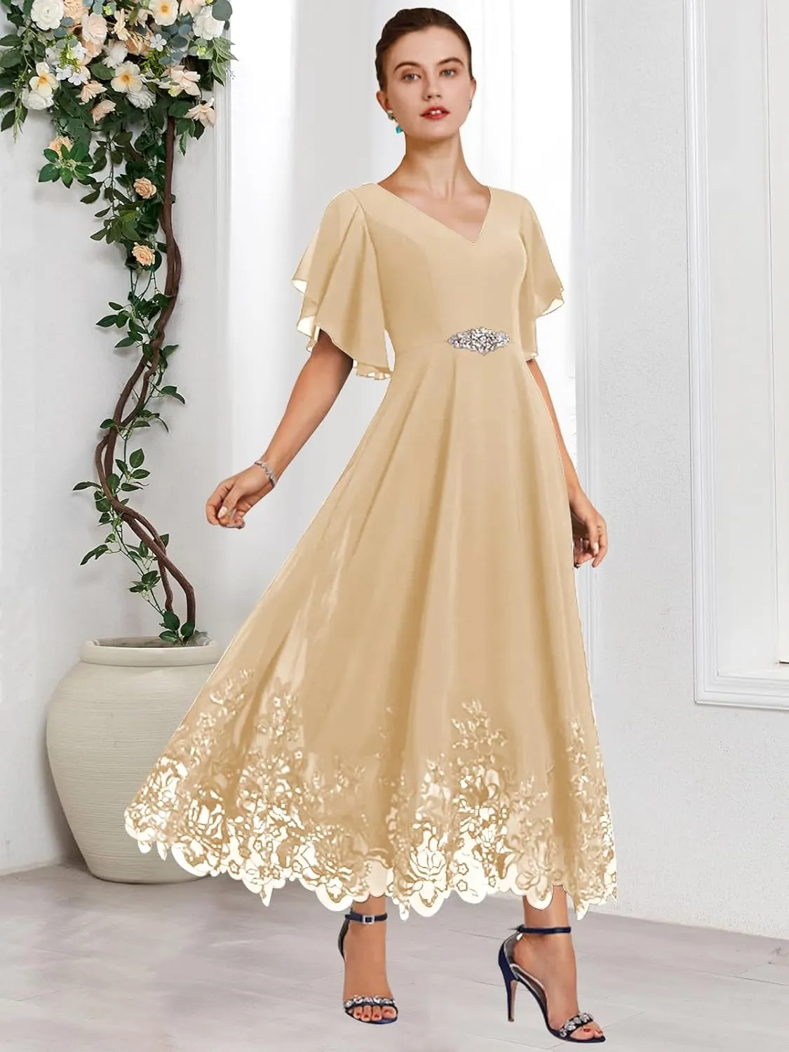 Women's Tea Length Chiffon Mother of The Bride Dresses for Wedding V-Neck Formal Evening Dress with Ruffle Sleeves