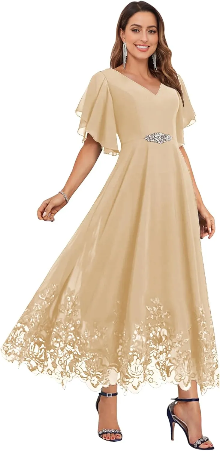 Women's Tea Length Chiffon Mother of The Bride Dresses for Wedding V-Neck Formal Evening Dress with Ruffle Sleeves