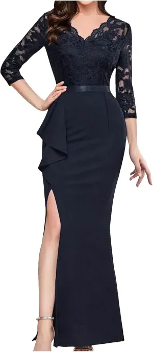Women's Vintage Floral Lace Ruffle Half Sleeve Evening Party Formal Long Dress Silk Dress for Women with Slit