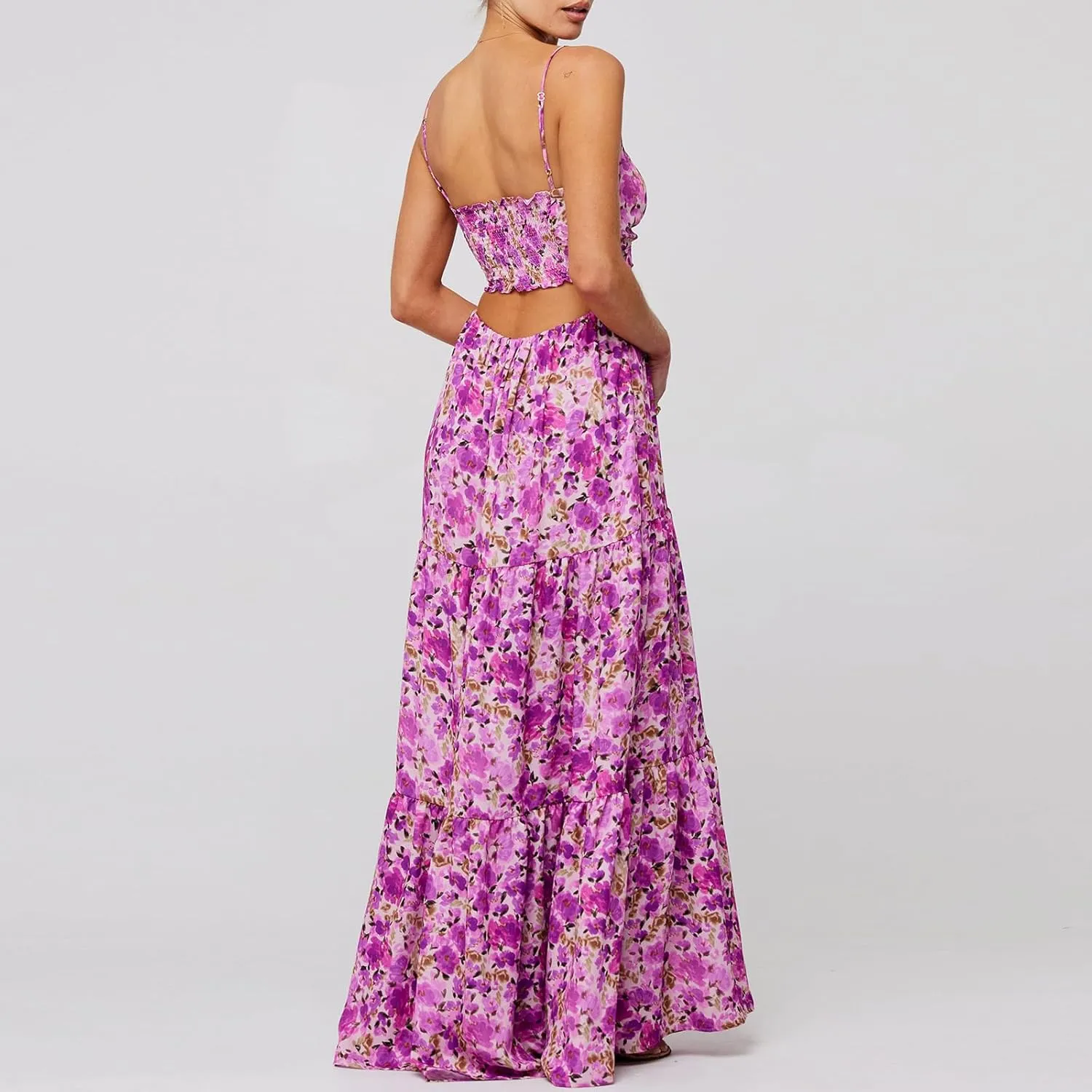 Womens Vintage Floral Long Dress Y2k Spaghetti Strap Tie Back Hollow Out Maxi Dress Summer Beach Party Sundress