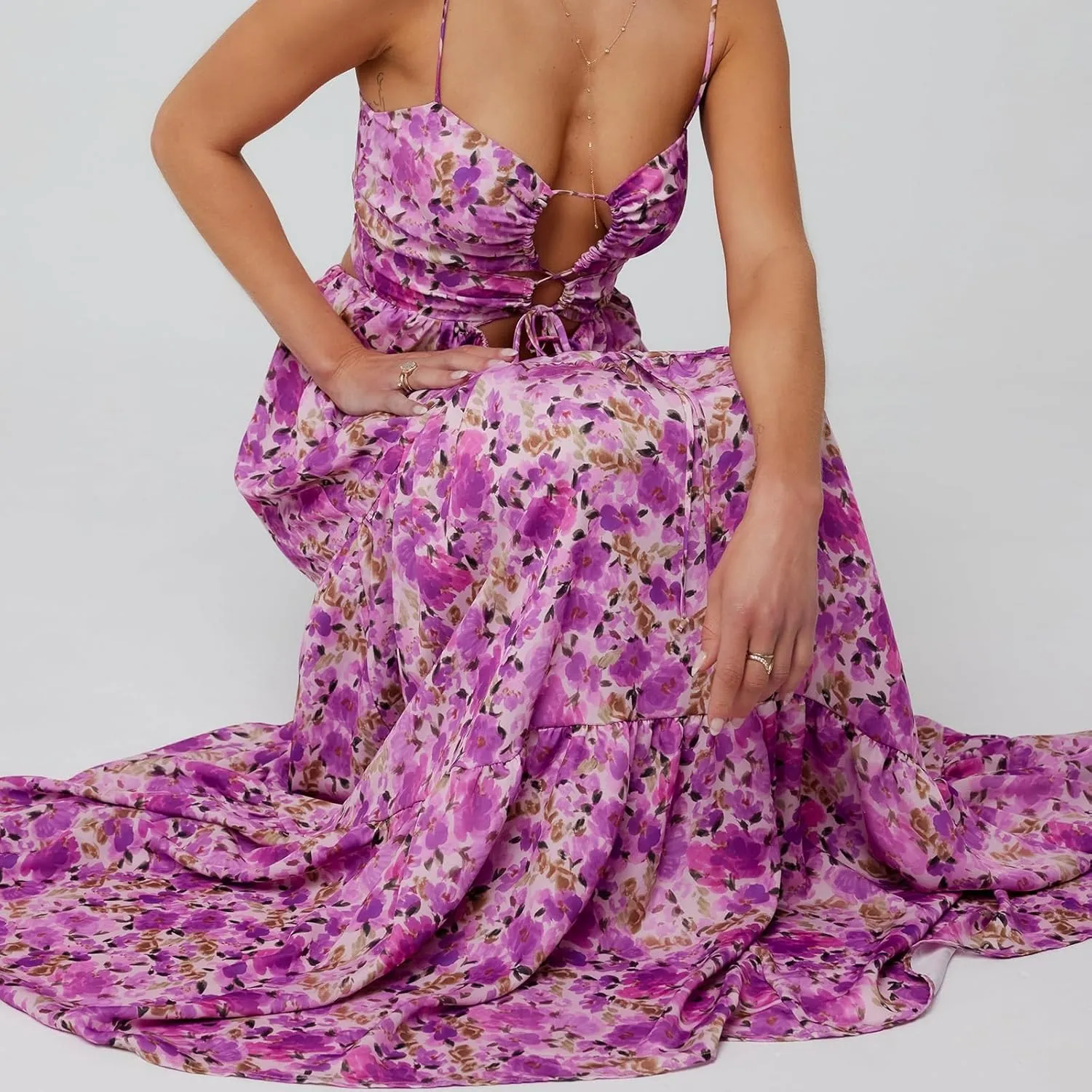 Womens Vintage Floral Long Dress Y2k Spaghetti Strap Tie Back Hollow Out Maxi Dress Summer Beach Party Sundress