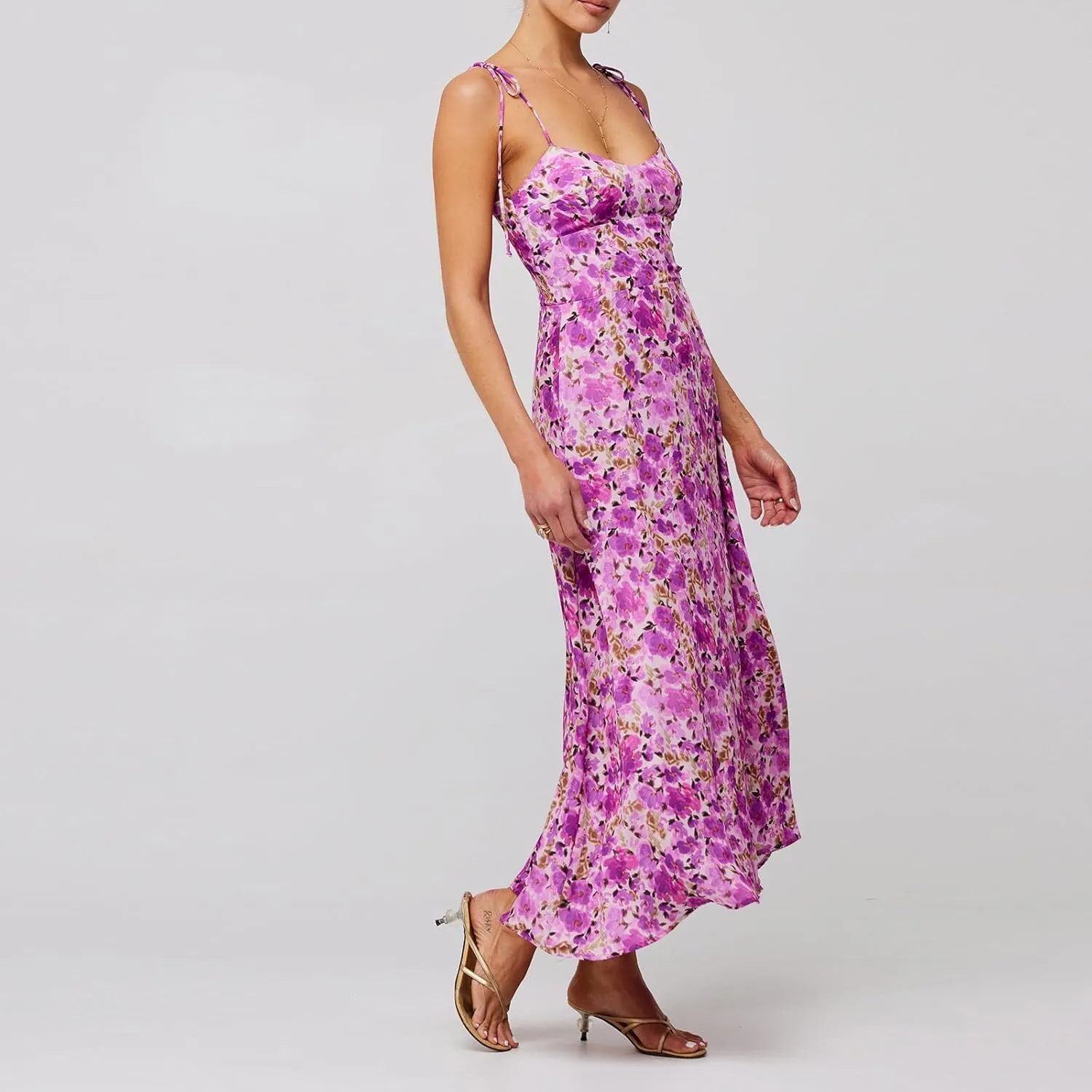 Womens Vintage Floral Long Dress Y2k Spaghetti Strap Tie Back Hollow Out Maxi Dress Summer Beach Party Sundress