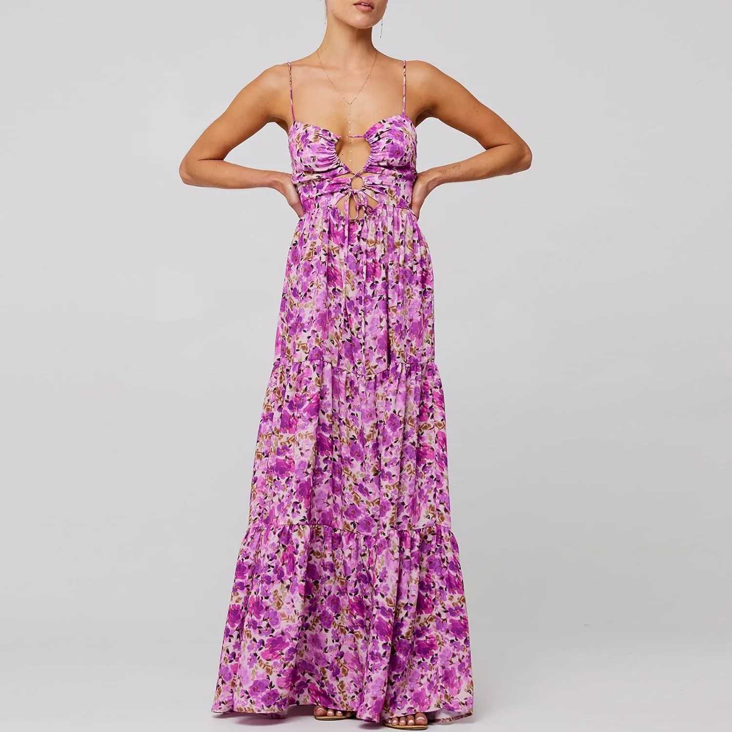 Womens Vintage Floral Long Dress Y2k Spaghetti Strap Tie Back Hollow Out Maxi Dress Summer Beach Party Sundress