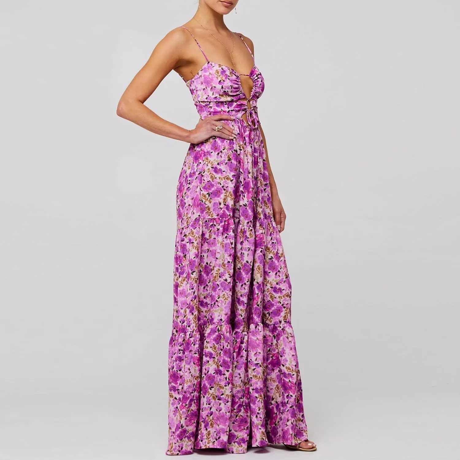 Womens Vintage Floral Long Dress Y2k Spaghetti Strap Tie Back Hollow Out Maxi Dress Summer Beach Party Sundress