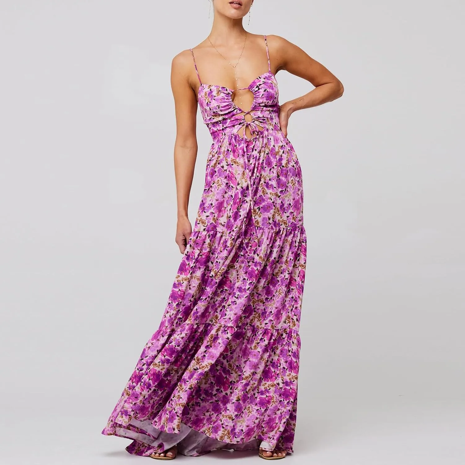 Womens Vintage Floral Long Dress Y2k Spaghetti Strap Tie Back Hollow Out Maxi Dress Summer Beach Party Sundress